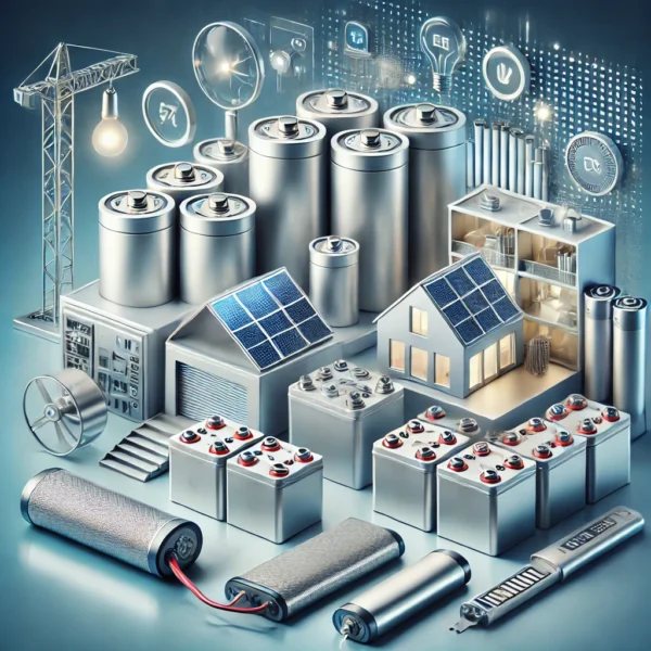 DALL·E 2025-02-04 22.41.17 - A hyper-realistic illustration of energy storage solutions, showcasing modern batteries including flat batteries, tubular batteries, and Li-ion batter