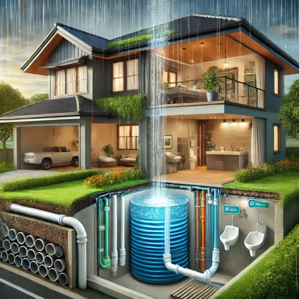 DALL·E 2025-02-15 13.57.59 - A realistic illustration of a rainwater harvesting system integrated into a modern home. The image features rainwater falling onto the rooftop, being